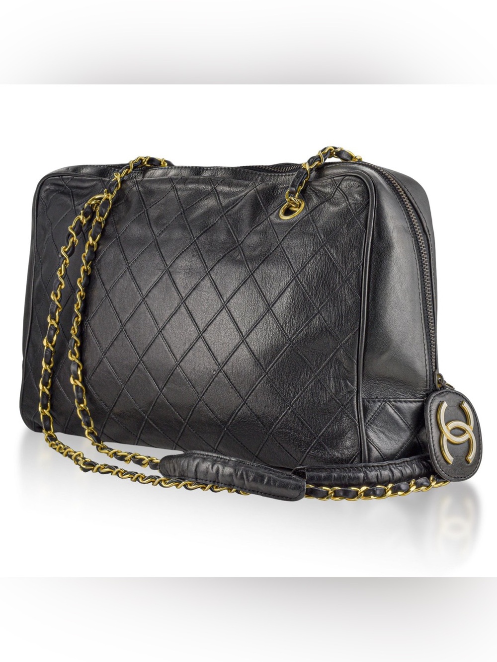 Authentic Women CHANEL Bicolor Chain Matelasse Shoulder Bag, Black color Leather